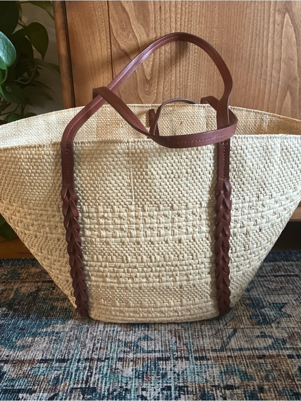 Sezane basket tote natural raffia with brown leather - Picture 4 of 9